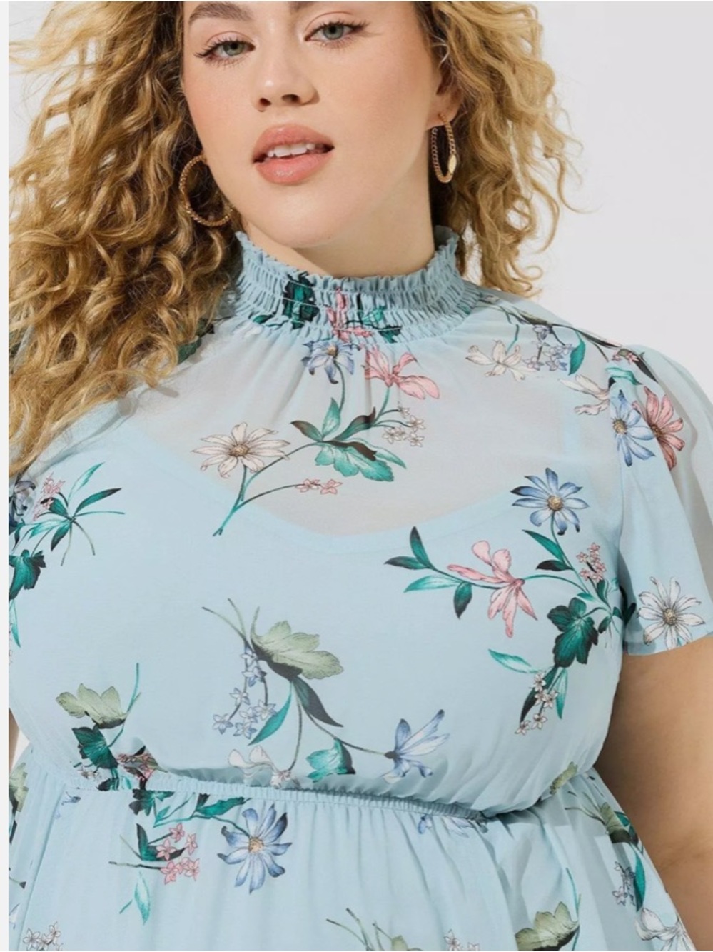 Torrid Chiffon Smocked Turtle Neck Dress light blue floral print Size 1 (14/16) - Picture 7 of 8